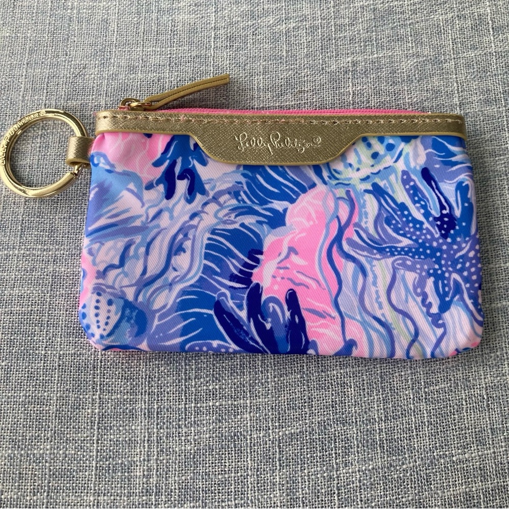 Lilly Pulitzer NWOT Pink & Blue with gold accent keychain ID zip pouch